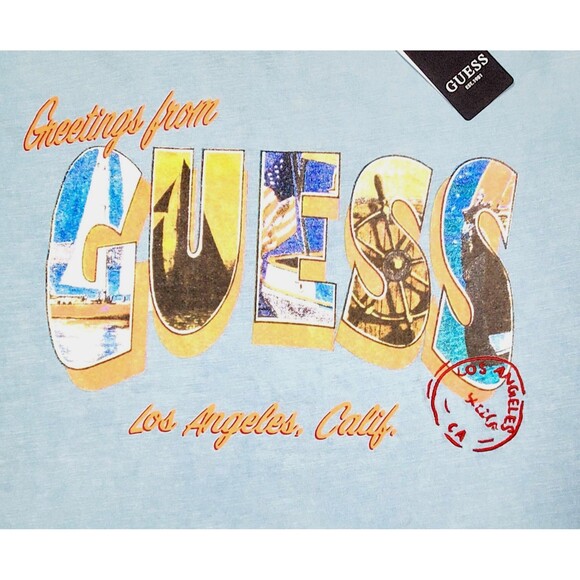 Small Guess Laguna Blue Orange Postcard Tee Classic Fit Graphic T-Shirt 42" - Picture 3 of 12